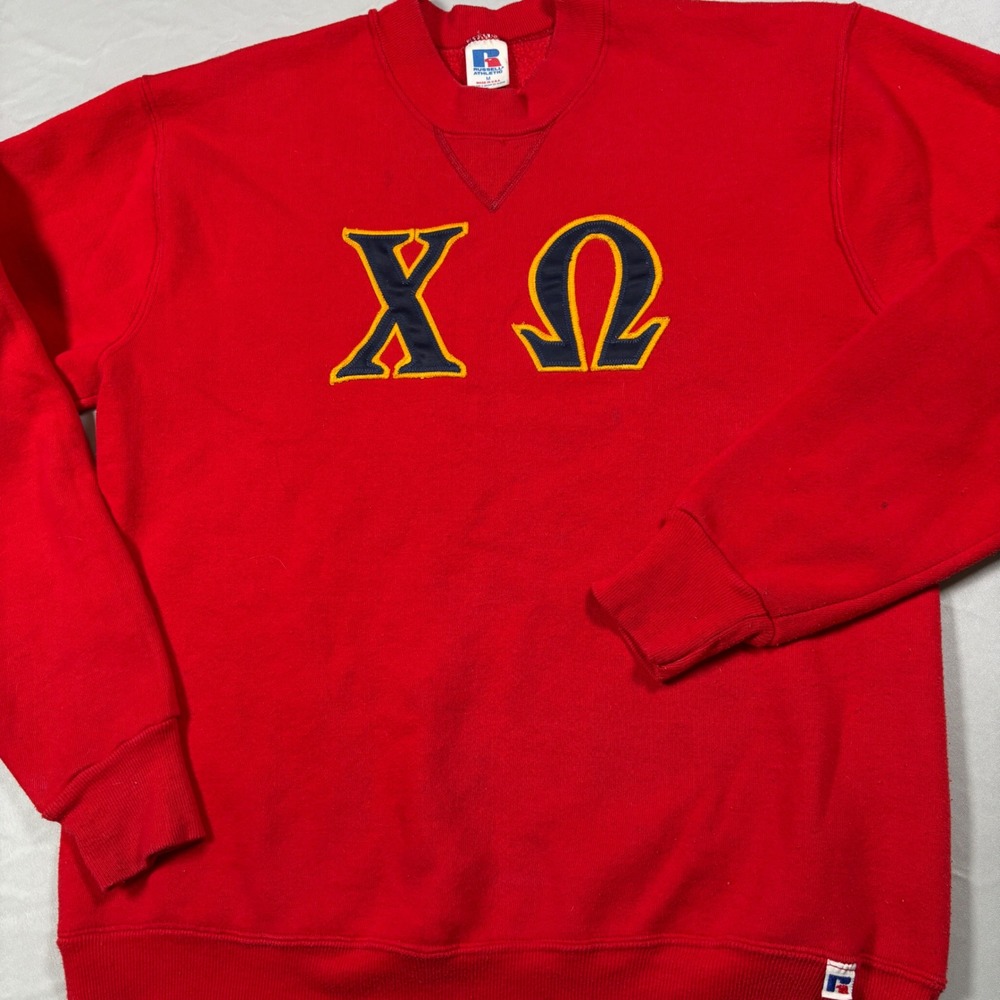 Vintage Russell Athletic Sweatshirt Unisex Medium Red Chi Omega Greek Patch USA
